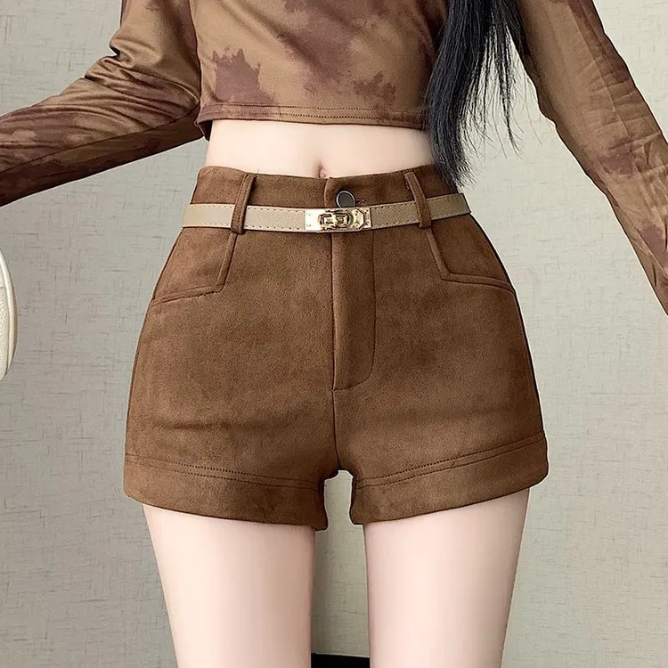 秋冬新款美式辣妹风高腰显瘦时尚百搭鹿皮绒A字阔腿短裤女外穿
