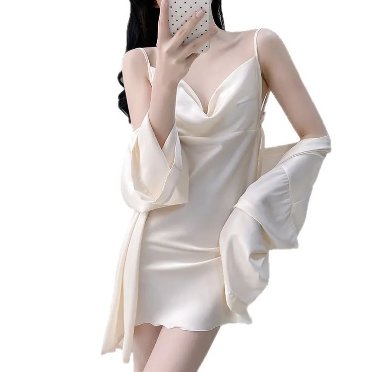 性感荡领睡衣女夏季冰丝吊带睡裙睡袍套装美背高级家居服