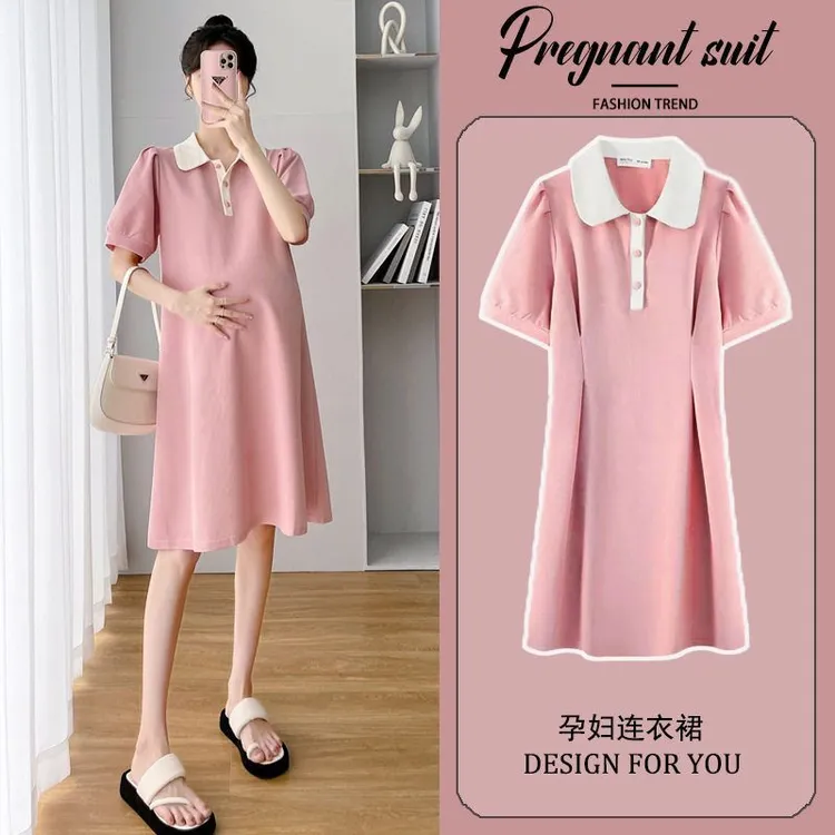 孕妇夏季连衣裙小个子宽松裙子polo领遮肚子显瘦潮妈孕妈连衣裙