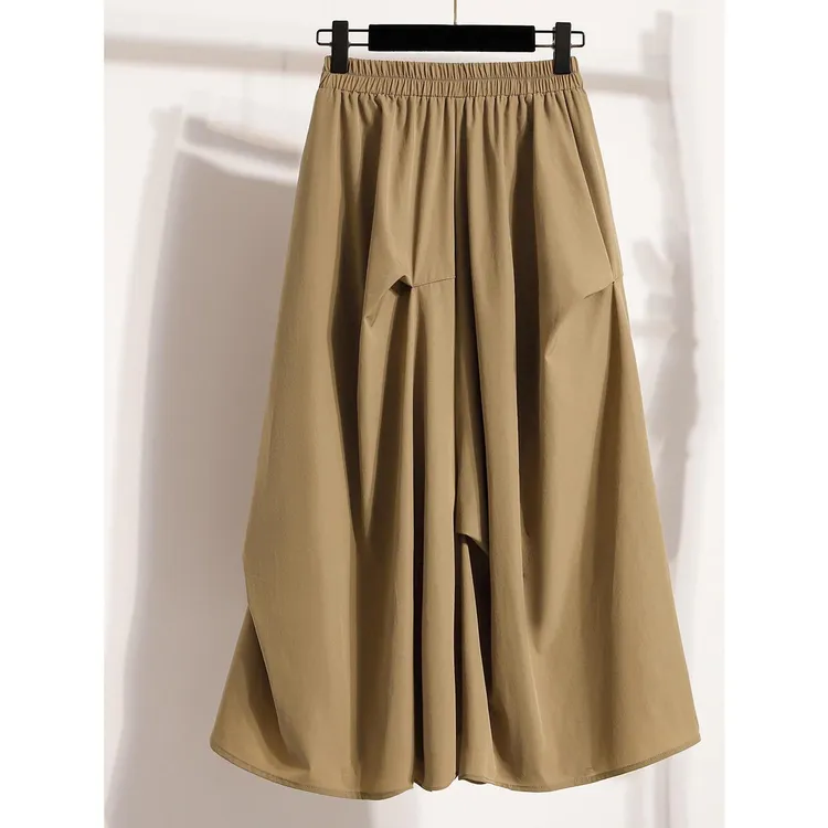 2025秋季新款单设韩系气质高腰显瘦时尚纯色不规则褶皱半身裙