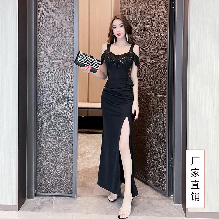 中腰长裙鱼尾裙钉珠高腰印染礼服夏季黑色欧若智性风