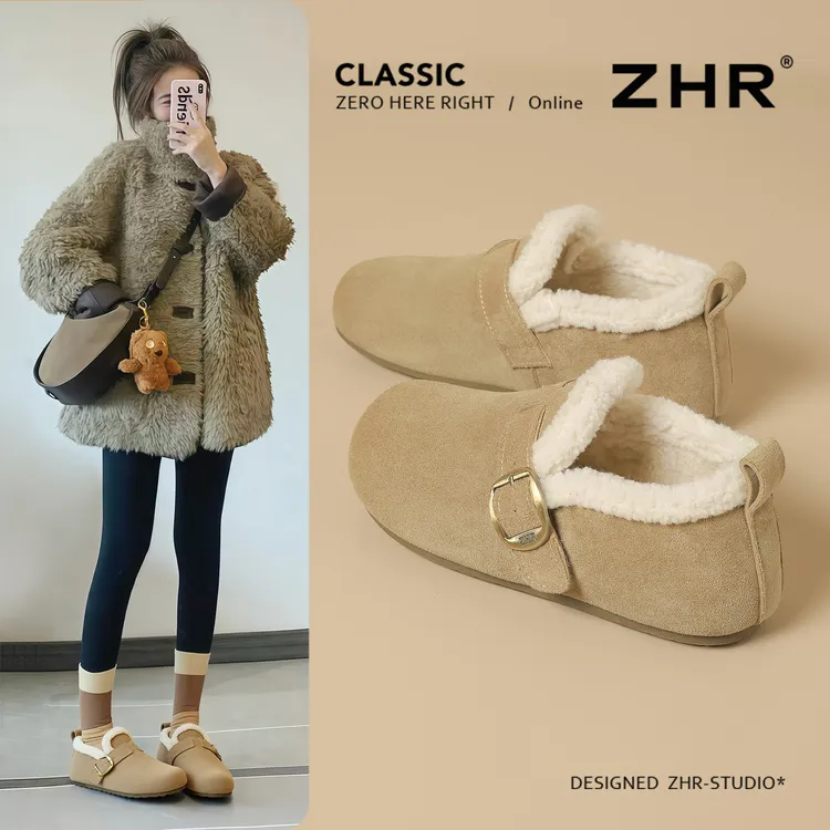 ZHR/则则厚底加绒勃肯鞋女2025冬季新款复古一脚蹬毛毛鞋保暖棉鞋