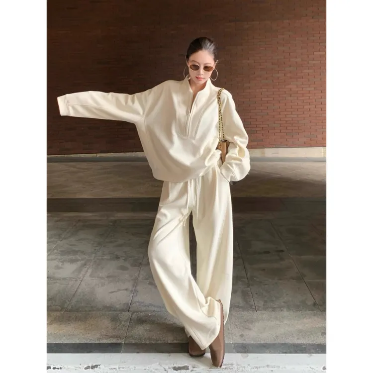 高级感运动套装女秋冬季新款宽松韩版加绒加厚卫衣阔腿长裤两件套