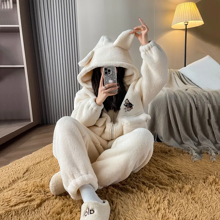 特特厚复合绒！Mis熊睡衣巨保暖情侣款连帽家居服可外穿