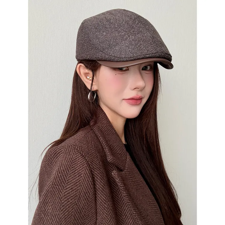 英伦风复古皮檐时尚前进帽子女保暖显脸小简约百搭画家报童帽潮