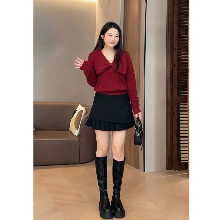 大萌萌 精致蝴蝶结红色V领毛衣秋冬厚款微胖显瘦针织衫P225Z21880