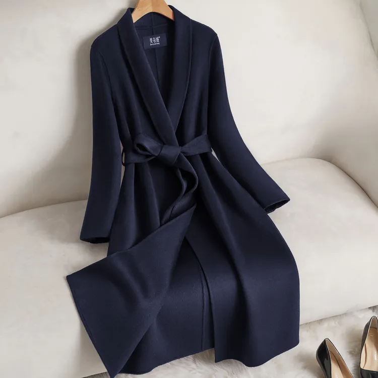 蓝色高端双面羊绒大衣女中长款气质赫本风秋冬羊毛呢外套2025新款