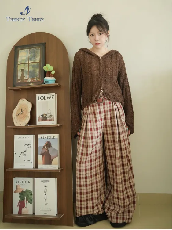 失忆蝴蝶女秋冬宽松阔腿红白格黑白格纹休闲复古百搭慵懒感格子裤