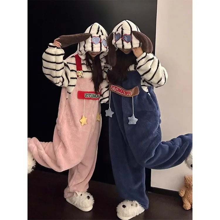 可爱小狗耳朵半边绒连帽睡衣女冬季新款加厚保暖家居服连体衣外穿
