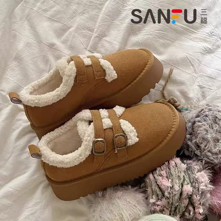 三福厚底增高勃肯女鞋加绒保暖毛毛鞋2025新款冬季雪地靴乐福棉鞋