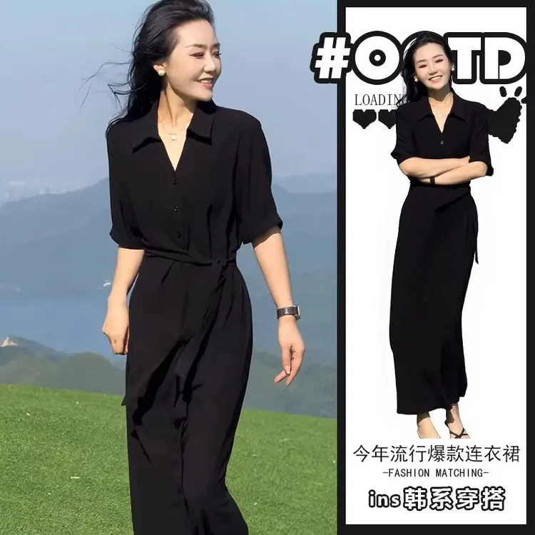 0702夏季新高冷御姐风连衣裙女高级感独特黑色收腰显瘦长裙