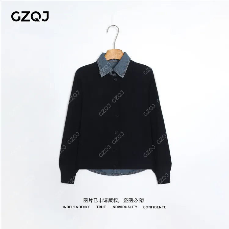 老琴私服【温柔立场】100绵羊毛撞色假两件牛仔拼接针织衫毛衣0589