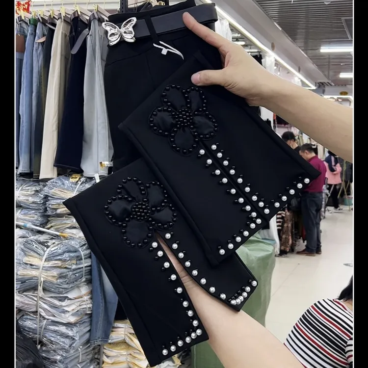807新款花朵款铆钉时尚百搭女装裤气质轻奢显瘦设计师