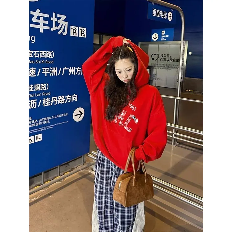 凯颂加大码300斤美式潮牌格子印花连帽卫衣男女秋冬宽松显瘦上衣