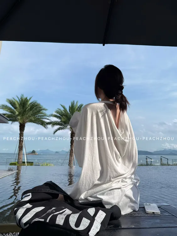 『PEACHZHOU』气质荡领高级感露背宽松圆领长袖极简休闲廓形防晒T恤