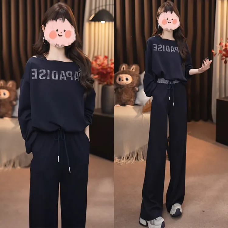 韩系慵懒风显瘦两件套女早秋减龄拼接假两件上衣+高腰阔腿裤套装