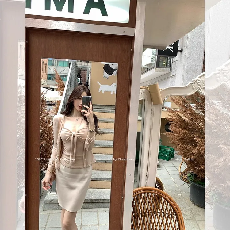 甜白开 纯欲韩女可拆卸飘带抹胸上衣女针织开衫