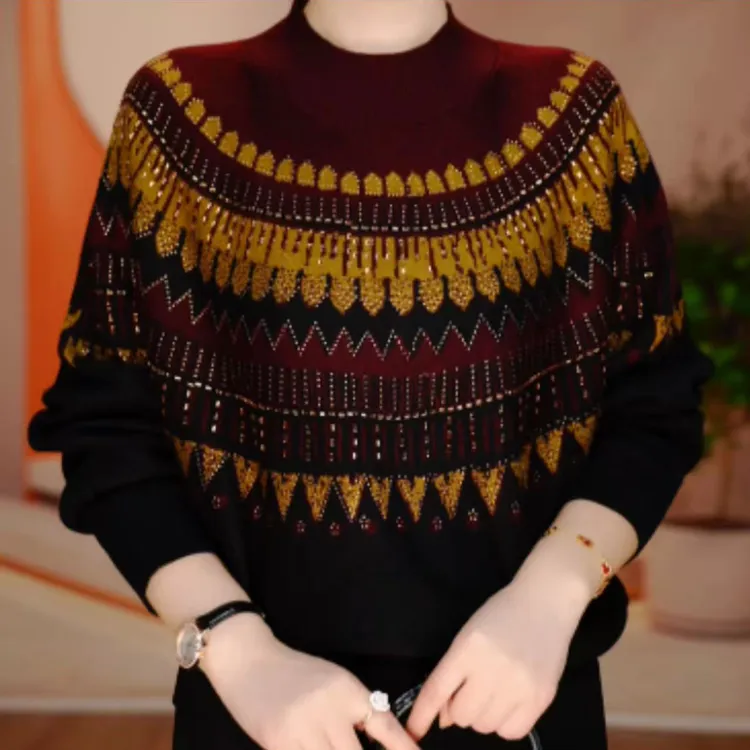 2025秋冬新款洋气减龄提花妈妈装针织毛衣女宽松显瘦百搭长袖上衣