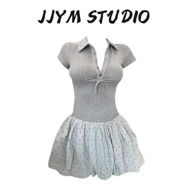 韩系纯欲芭蕾风针织拼接V领花苞裙女夏季新款收腰显瘦短袖连衣裙