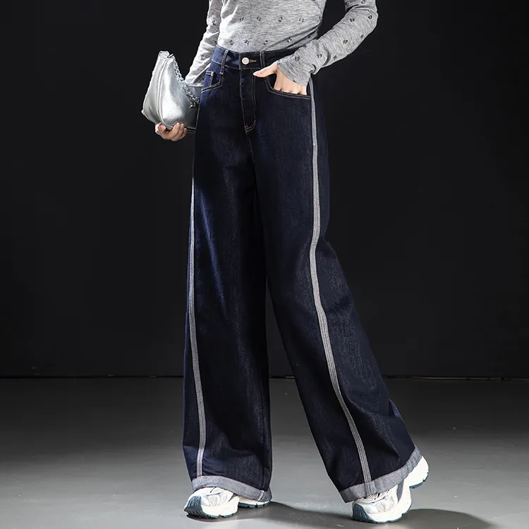 防掉色牛仔裤2026春新款高腰显瘦设计感撞色拼接侧边条纹阔腿裤女