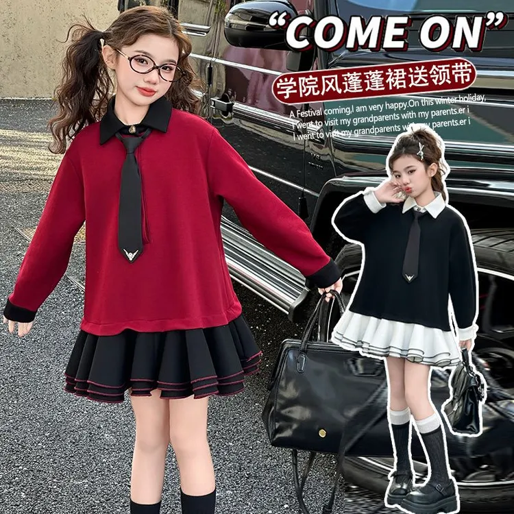 女童春装连衣裙2025新款洋气中大童学院风蓬蓬裙儿童韩系女孩裙子