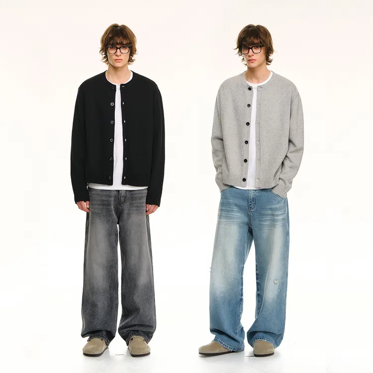 CLIMAX VISION慵懒松弛极简/绵羊毛混纺短款合身圆领针织开衫毛衣