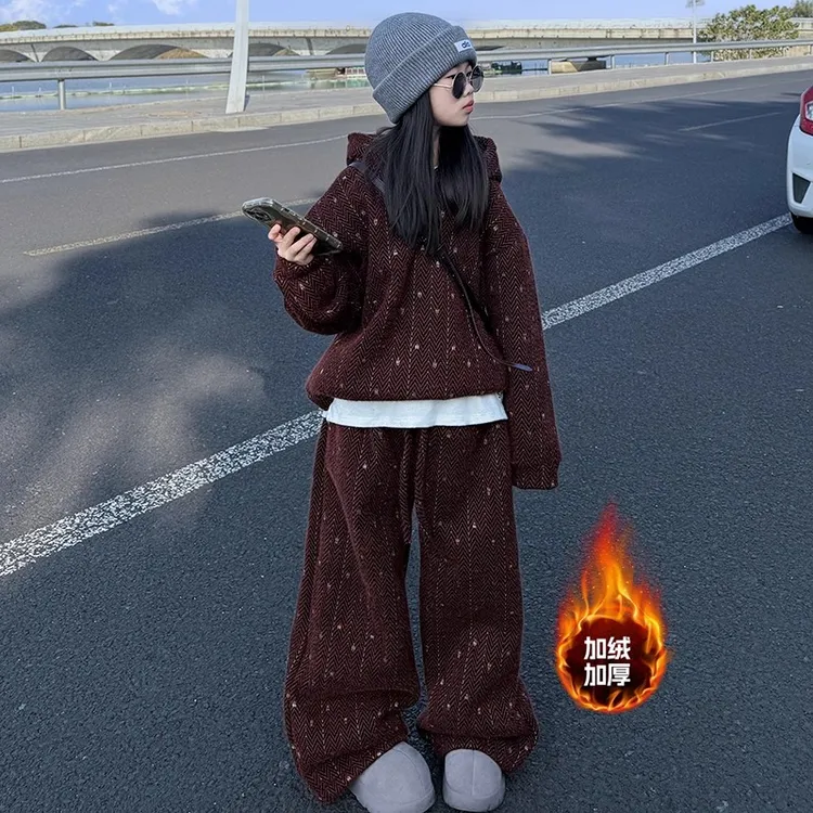 女童加绒刺绣卫衣卫裤套装2025年冬季新款儿童冬装加厚保暖一整套