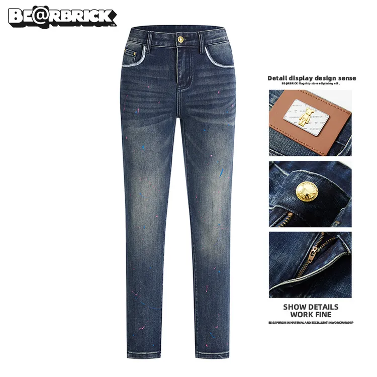 积木熊Be@rbrick【明星同款】秋冬新款手绘泼墨牛仔裤男潮流修身裤