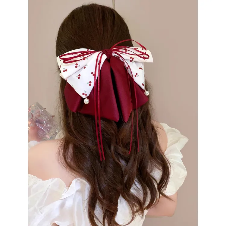 樱桃蝴蝶结飘带抓夹女2025新款高级感后脑勺盘发鲨鱼夹子头饰发夹