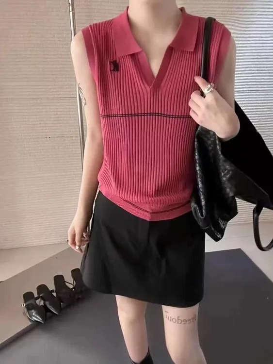 韩系翻领撞色刺绣冰丝针织背心2025夏季新款洋气减龄显瘦上衣5271