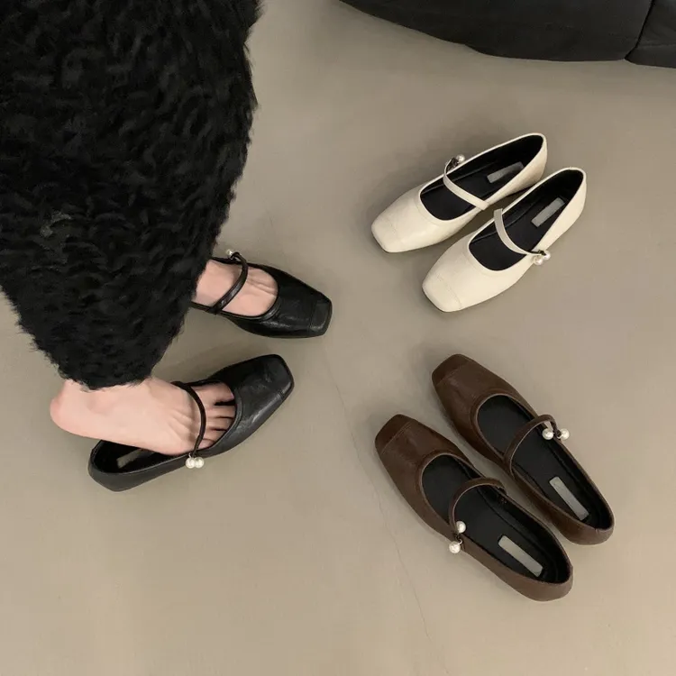法式复古玛丽珍鞋鞋子新款春秋季一字带珍珠气质平底浅口鞋百搭