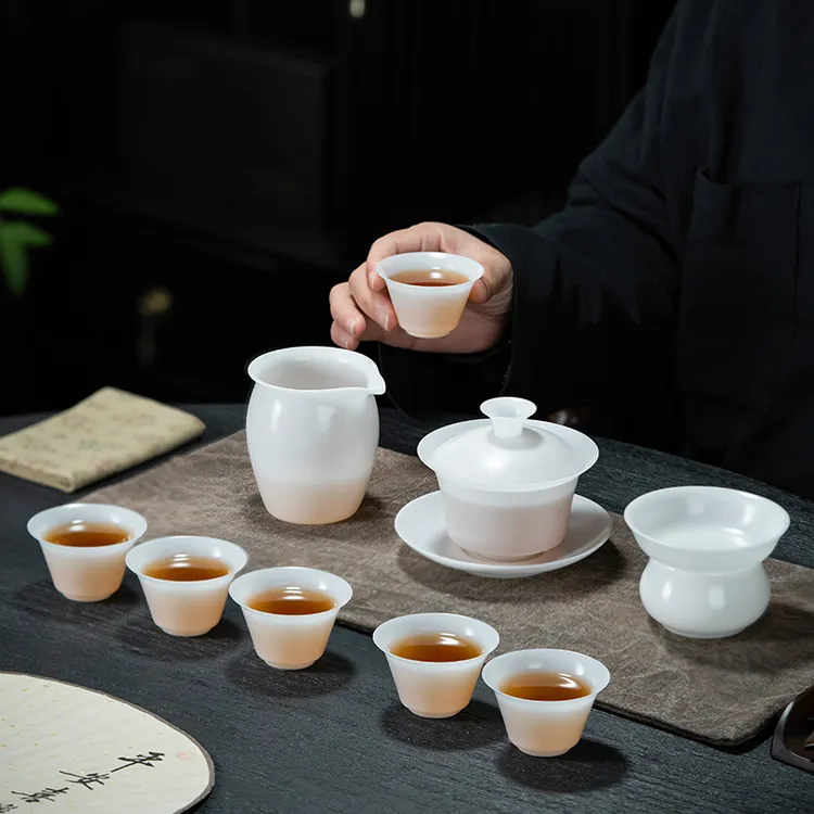 德化冰种羊脂超薄胎茶具盖碗套装家用猪油白功夫茶具礼盒素烧工艺