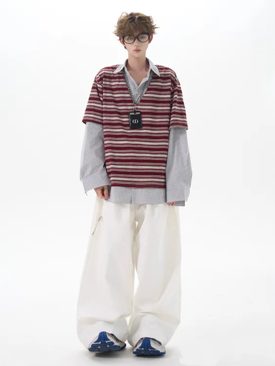 A1MP美式小众设计条纹翻领拼接假两件宽松休闲衬衫情侣POLO衫长袖