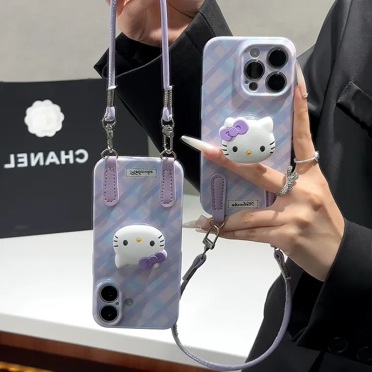 韩系格纹紫kt猫支架挂绳适用苹果17手机壳华为P70vivoppo小米15套
