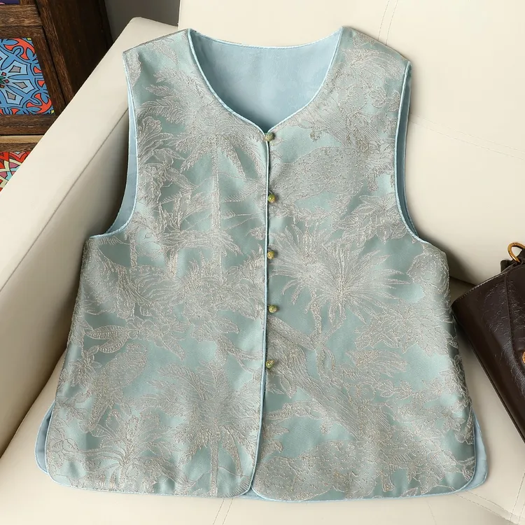 清秋铃洱~双面穿国风织锦提花圆领马甲洋气百搭复古坎肩576