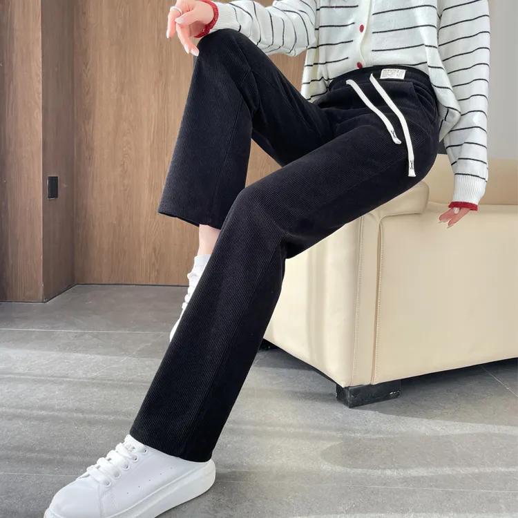 高腰窄版阔腿裤女休闲裤冬新款加绒加厚宽松显瘦直筒长裤九分裤女