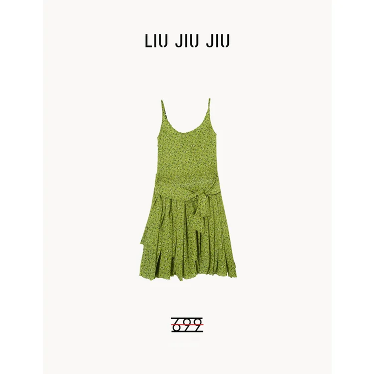 LIUJIUJIU 法式度假风不规则荷叶撕边碎花吊带连衣裙LYQ4559L