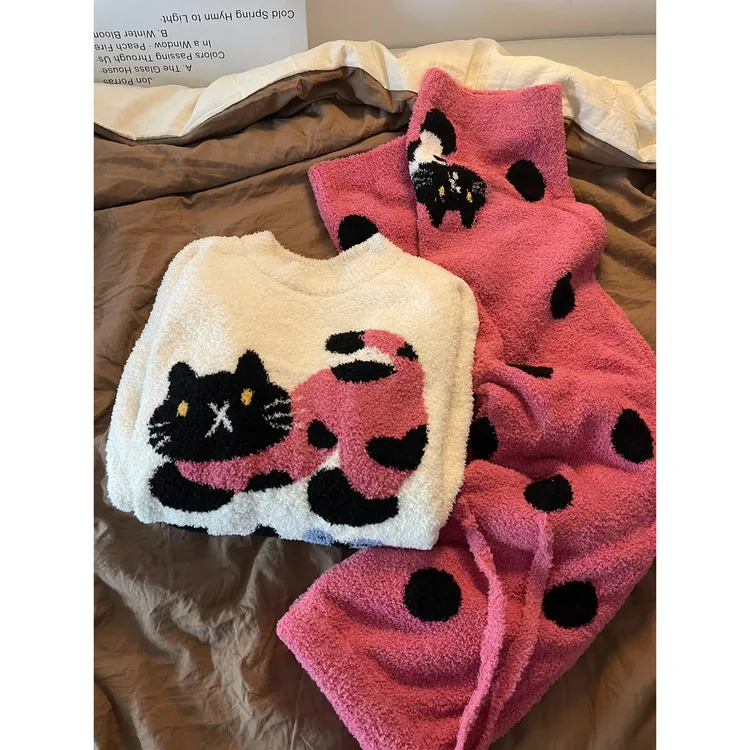 可爱猫咪印花针织半边绒睡衣女秋冬新款加厚保暖长裤家居服可外穿