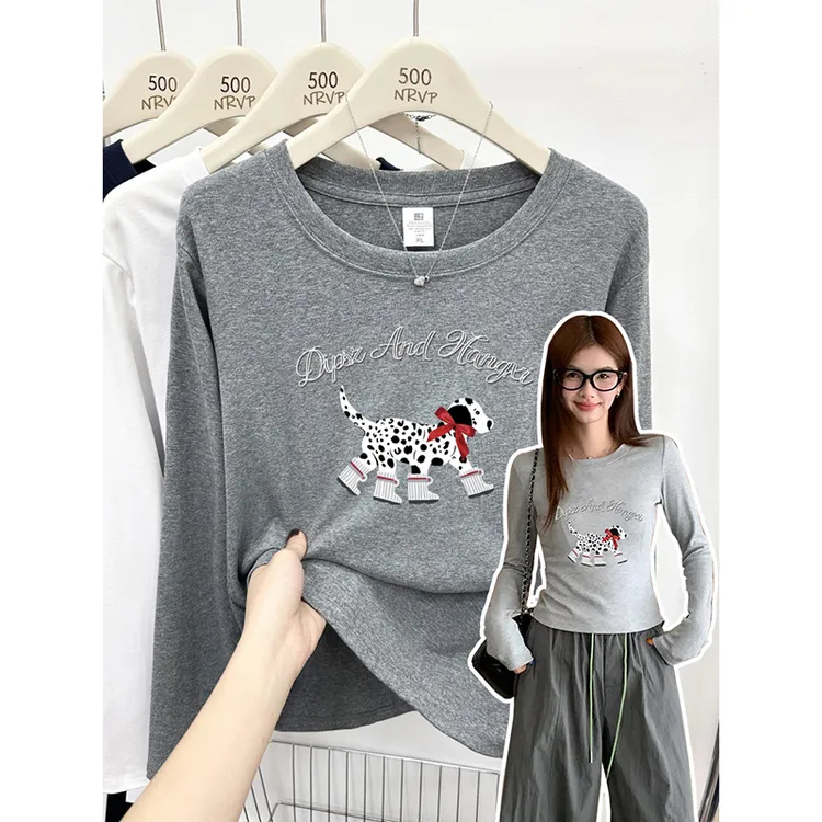纯欲风百搭斑点狗正肩长袖t恤女秋冬修身高弹力棉大码女装上衣ins