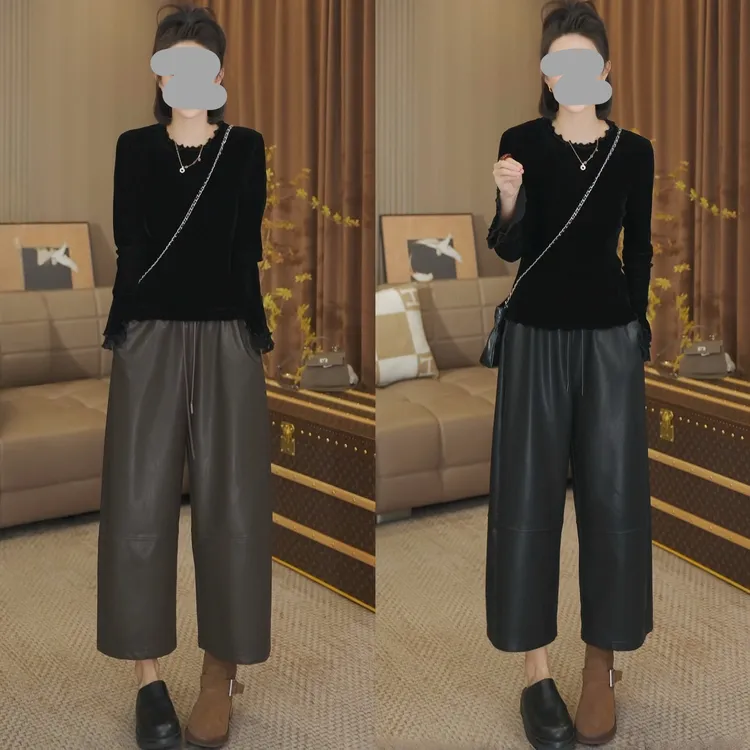 2025早秋新款长袖蕾丝袖口丝绒上衣显瘦百搭九分休闲皮裤气质套装
