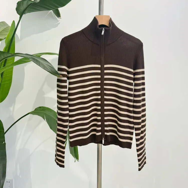 70179 精纺全羊毛立领条纹拉链羊毛开衫美丽诺羊毛衫