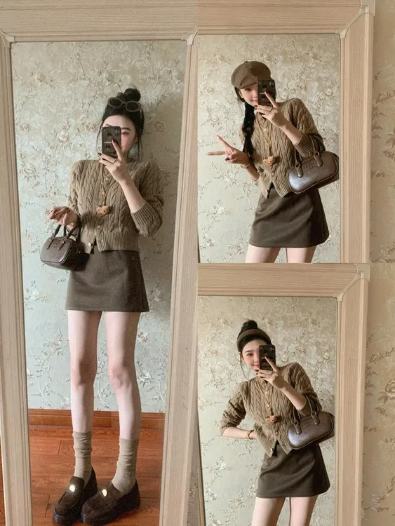 【琥珀流风】秋季新款时尚小个子韩系减龄麻花针织开衫短裙套装