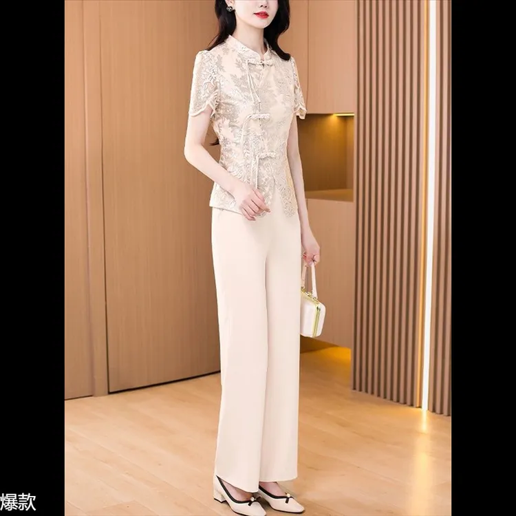 高端时尚洋气减龄改良旗袍阔腿裤两件套装女夏季2025新款高贵妈妈