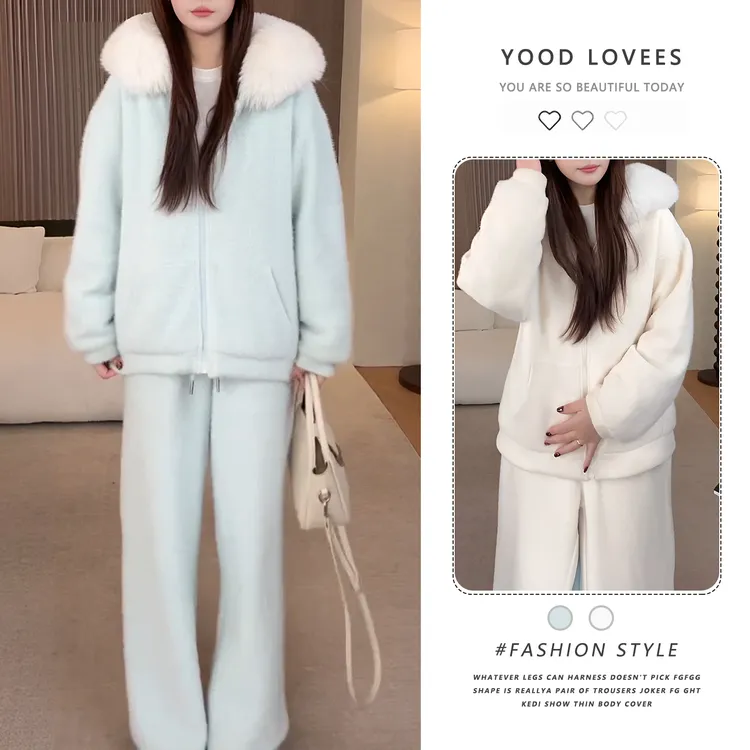 加厚休闲时尚套装女秋冬新款气质减龄高级感毛领外套阔腿裤两件套