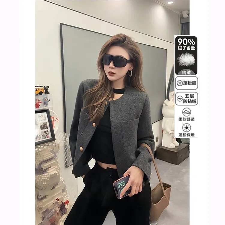 鹅绒内胆小香风外套女2025冬装新款加厚名媛气质短款高级感上衣