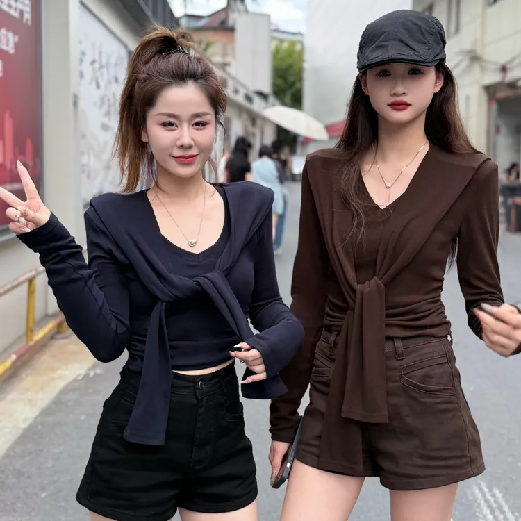 小凤定制秋季/带披肩设计气质/V领法式内搭纯欲风短款T恤常规