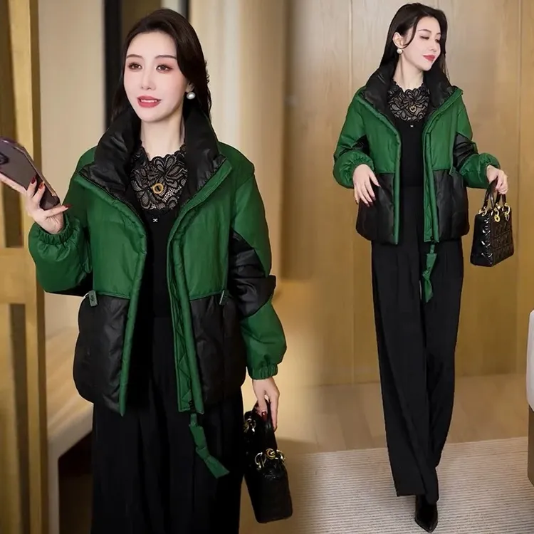 短款休闲棉服女2025冬季新款洋气显瘦撞色拼接加厚保暖面包服棉袄