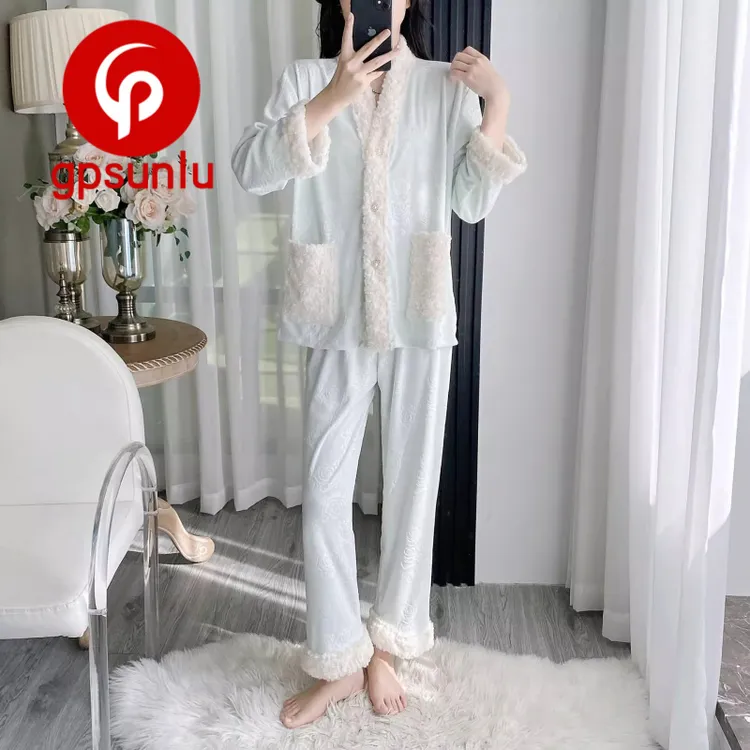 gpsunlu「软绵绵」秋冬季新款海岛绒睡衣女保暖高端奢华家居服套装