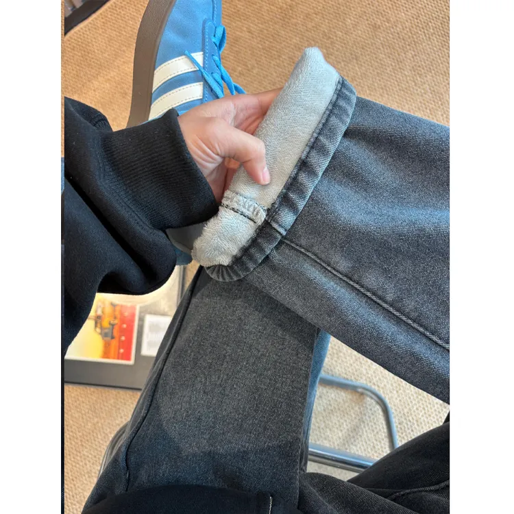 美式复古烟灰色加绒牛仔裤男款秋冬加厚保暖直筒宽松抽绳休闲裤子