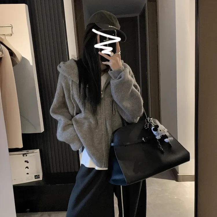 8328【敬小荣专属】早秋韩系连帽拉链慵懒高级感针织开衫卫衣外套